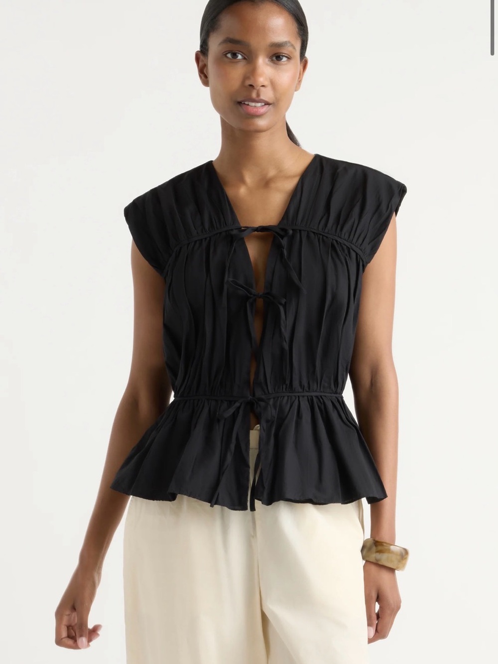 Modern Citizen Norah Tie-Front Organic Cotton Blouse in Black NWT